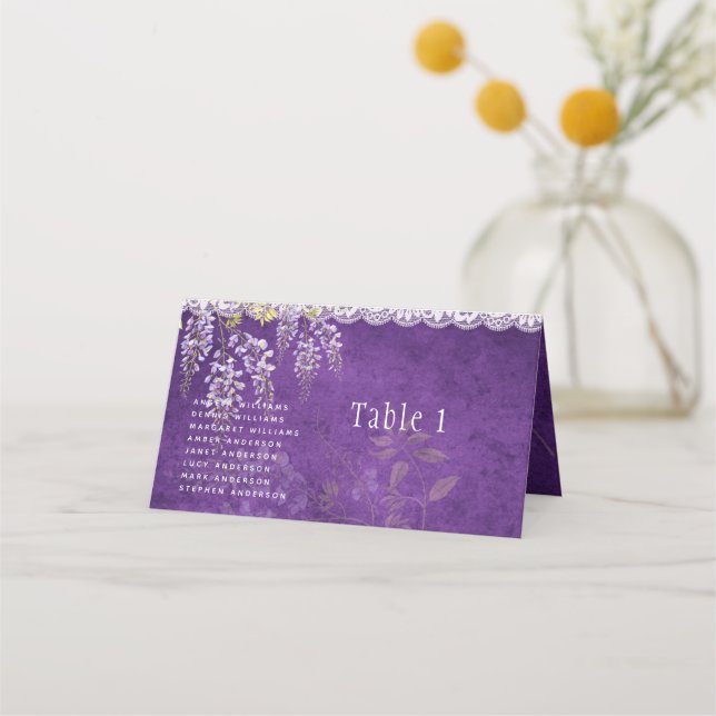 Pretty Rustic Purple WISTERIA Lace Wedding Place Card (Front)