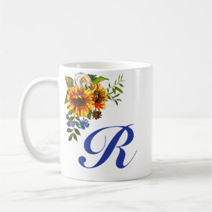 Pretty Rustic Sunflower Blue Monogram Coffee Mug