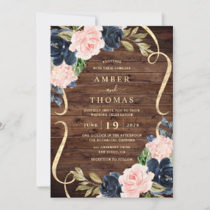 Pretty Rustic Wood Blush Navy Floral Wedding Invitation