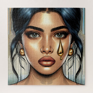 Pretty Sad Woman with Gold Tear Jigsaw Puzzle