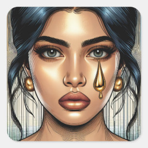 Pretty Sad Woman with Gold Tear Square Sticker