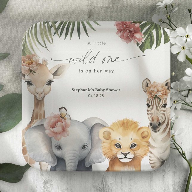Pretty Safari Animals Wild One Baby Girl Shower Paper Plate (A little Wild One is on her way, Safari animal baby girl shower party paper plates.)