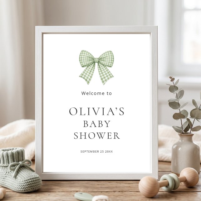 Pretty Sage Gingham Bow Welcome Baby Shower  Poster (Creator Uploaded)