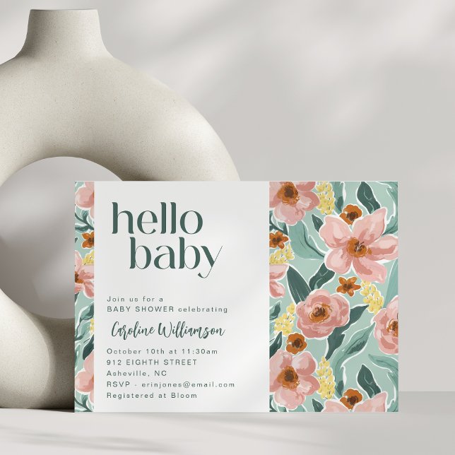 Pretty Sage Green Pink Floral Hello Baby Shower Invitation (Creator Uploaded)