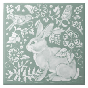 Pretty Sage Green Rabbit Bird Woodland Floral Tile