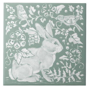 Pretty Sage Green Rabbit Bird Woodland Floral Tile