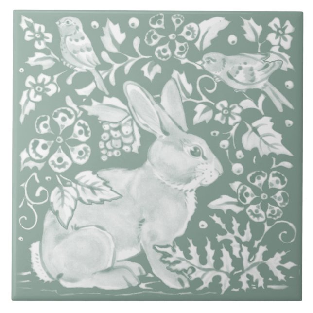 Pretty Sage Green Rabbit Bird Woodland Floral Tile (Front)