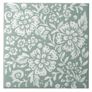 Pretty Sage Green White Floral Flower Design  Tile