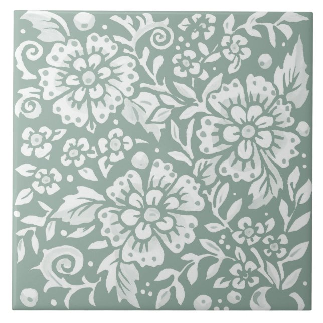Pretty Sage Green White Floral Flower Design  Tile (Front)