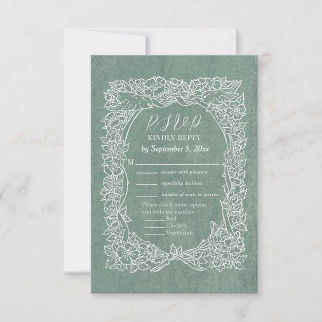 Pretty Sage Green Wildflower Bird Floral Wedding RSVP Card (Front)