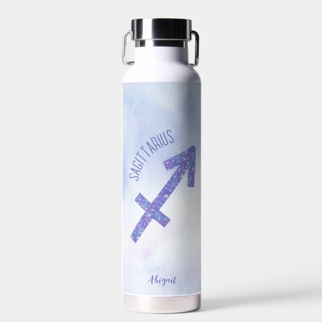 Pretty Sagittarius Sign Custom Purple Astrology Water Bottle (Front)