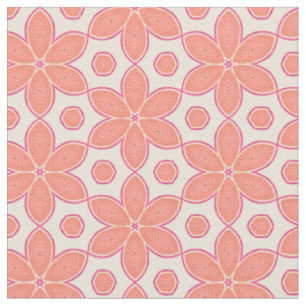 Pretty Salmon Pink Flowers & Dots Pattern Fabric