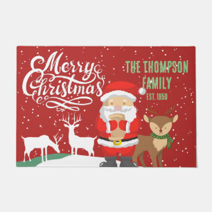 Pretty Santa and deers script text family name red Doormat