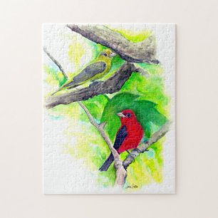 Pretty Scarlet Tanagers Couple Painting Jigsaw Puzzle