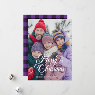 Pretty Script Black and Purple Buffalo Plaid Photo Holiday Card
