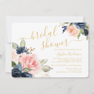Pretty Script Blush Navy Gold Floral Bridal Shower Invitation