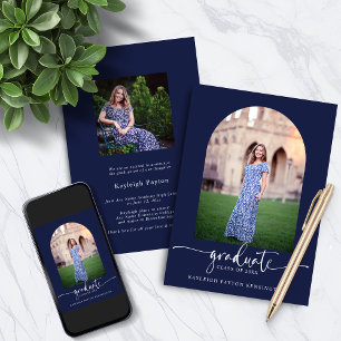 Pretty Script Graduation Arch Photo Navy Blue Invitation