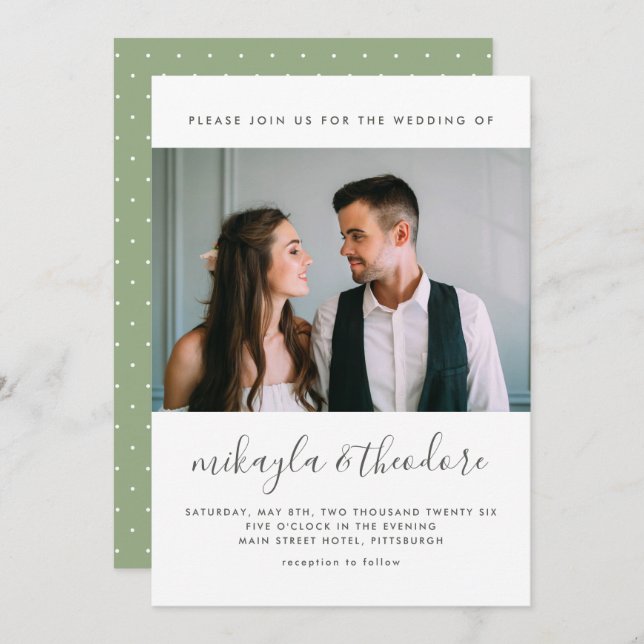 Pretty Script Green Dot Print Photo Wedding Invitation (Front/Back)
