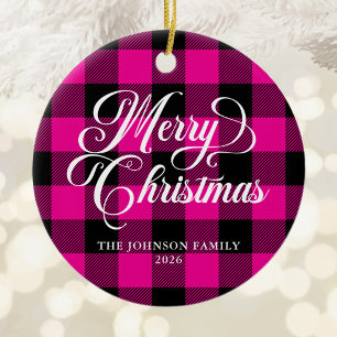 Pretty Script Hot Pink Black Buffalo Plaid Photo Ceramic Tree Decoration
