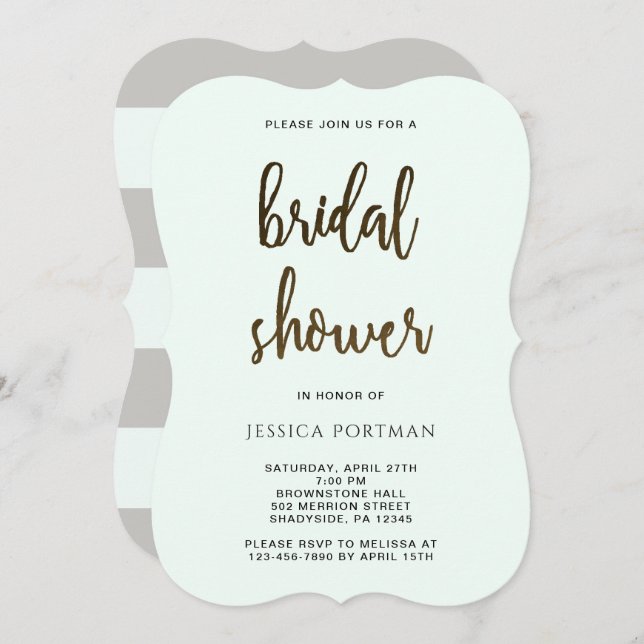 Pretty Script Mint Green Stripes Bridal Shower Invitation (Front/Back)