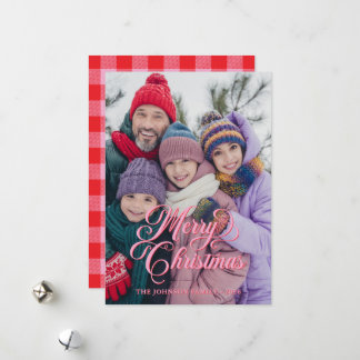 Pretty Script Pink and Red Buffalo Plaid Photo Holiday Card