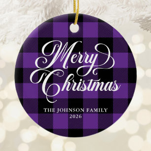 Pretty Script Purple and Black Buffalo Plaid Photo Ceramic Tree Decoration