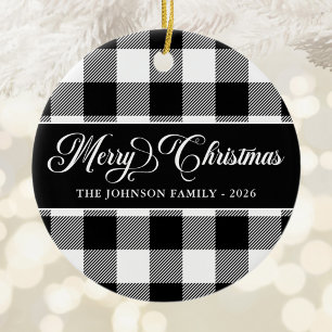 Pretty Script White and Black Buffalo Plaid Photo Ceramic Tree Decoration