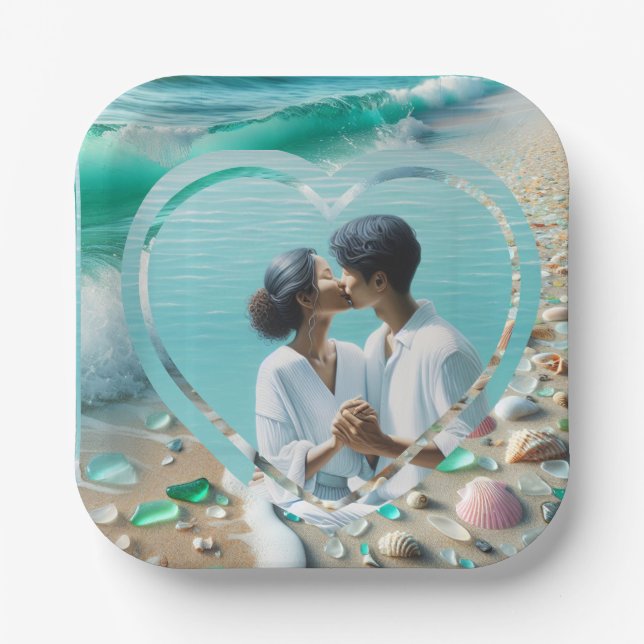 Pretty Sea Glass Photo Wedding  Paper Plate (Front)