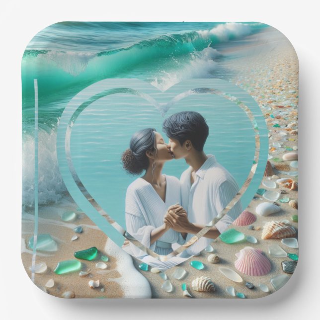 Pretty Sea Glass Photo Wedding  Paper Plate (Front)