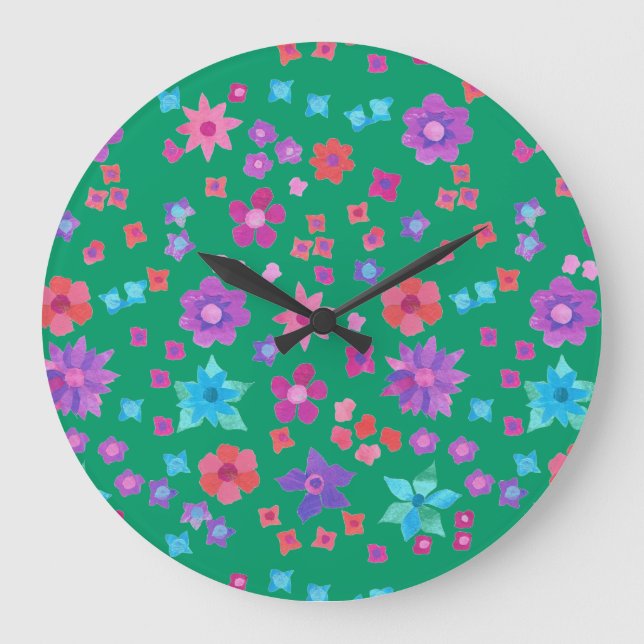 Pretty Sea Green Flower-Power Round Wall Clock (Front)