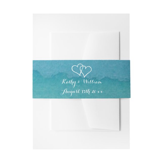 Pretty sea green watercolor destination wedding invitation belly band (Front Example)