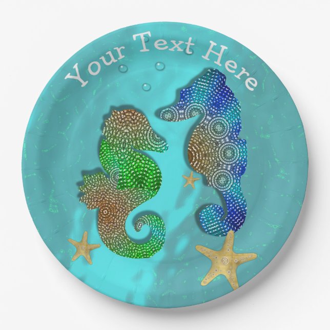 Pretty Seahorses Swimming In Blue Sea Paper Plate (Front)