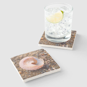 Pretty Seashell on a Rocky Beach with Custom Text Stone Coaster