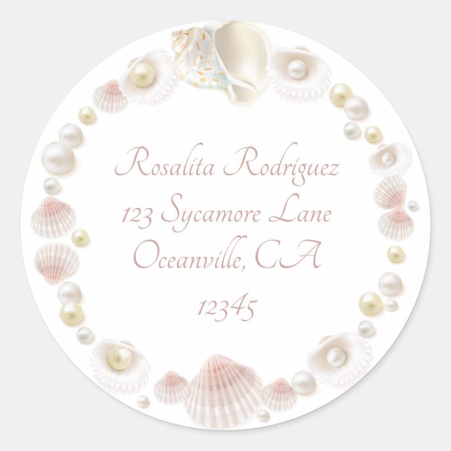 Pretty Seashells and Pearls Return Address Classic Round Sticker (Front)