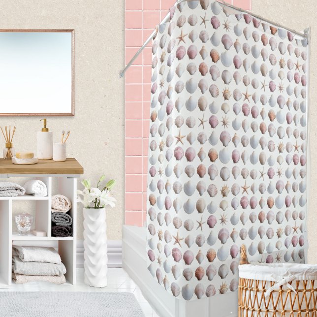 Pretty Seashells Ocean Sea Marine Shell Patterned Shower Curtain (A stylish shower curtain with a pattern of white and pink seashells, for a summery nautical look)