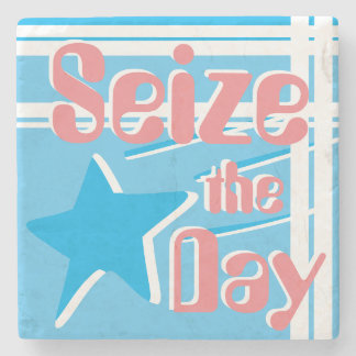 Pretty Seize The Day Happiness Quote Blue & Pink Stone Coaster