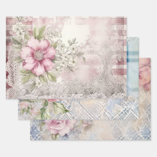 Pretty Shabby Chic Christmas Floral Tartan Mix Wrapping Paper Sheet