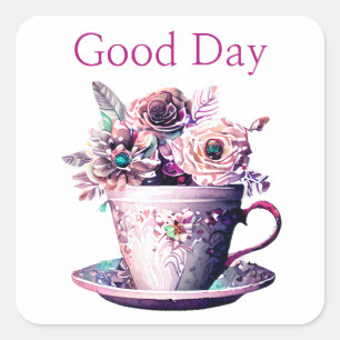 Pretty Shabby Chic Victorian Teacup Tea Time Square Sticker