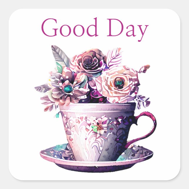 Pretty Shabby Chic Victorian Teacup Tea Time Square Sticker (Front)