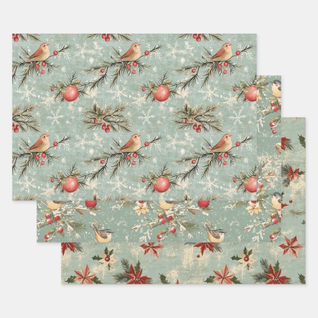 Pretty Shabby Chic Vintage Christmas  Wrapping Paper Sheet (Set)