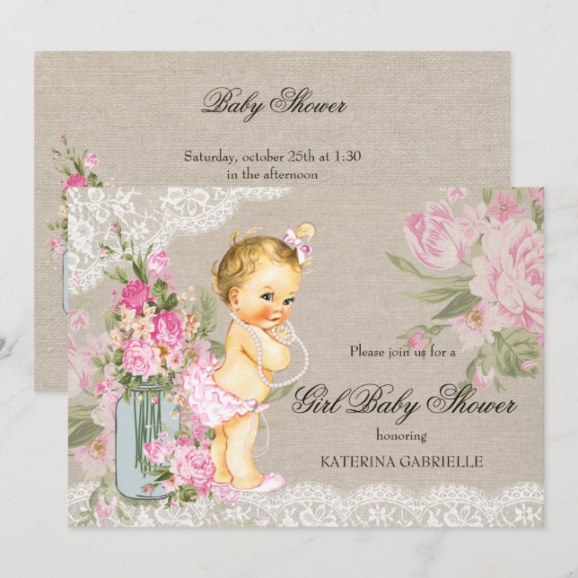 Pretty Shabby Lace Floral Girl Baby Shower Blonde Invitation (Front/Back)