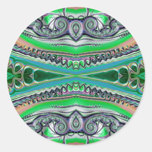 ~ Pretty Shades Green Blue Pink Fractal ~ Classic Round Sticker (Front)