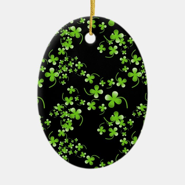 Pretty Shamrock pattern, green on black accessory Ceramic Tree Decoration (Front)