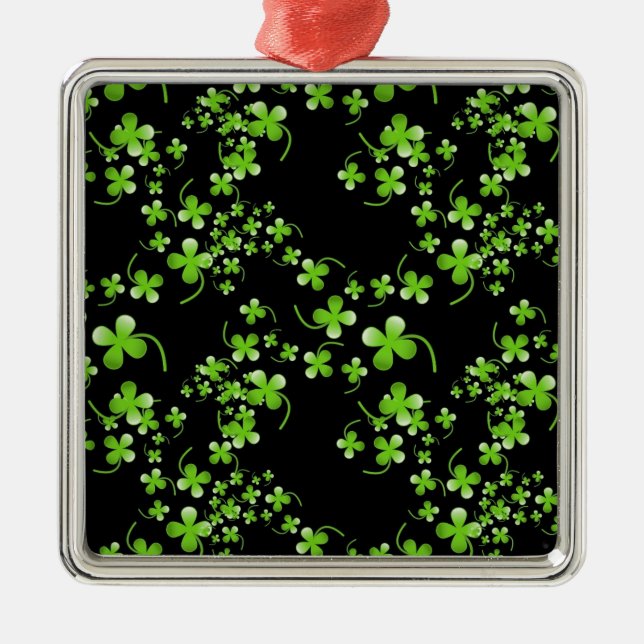 Pretty Shamrock pattern, green on black accessory Metal Tree Decoration (Front)