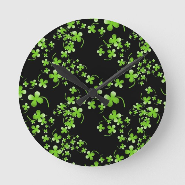 Pretty Shamrock pattern, green on black accessory Round Clock (Front)