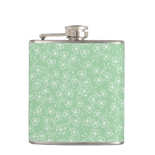 Pretty Shamrocks White Outlines on Green Hip Flask