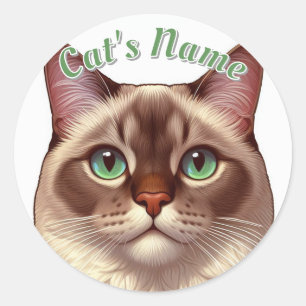 Pretty Siamese Long-haired Cat • Add a Name Classic Round Sticker