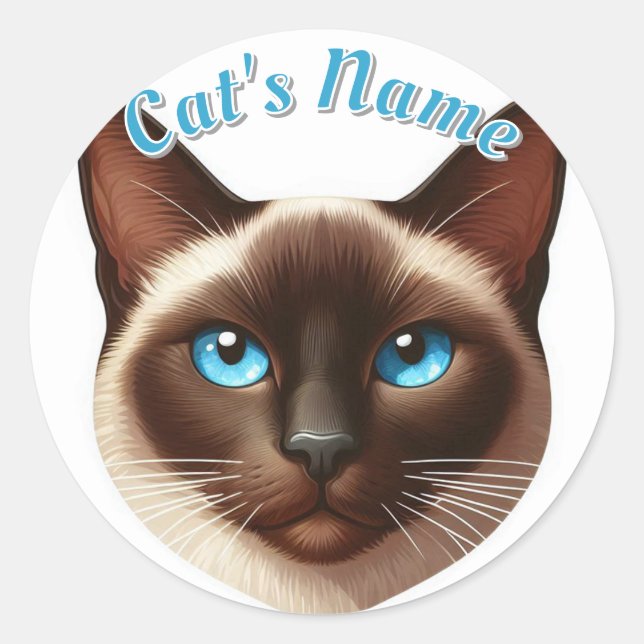 Pretty Siamese Short-Hair Cat plus Name Classic Round Sticker (Front)