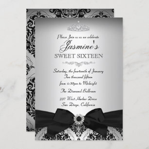 Pretty Silver Black Damask Sweet 16 Invitation