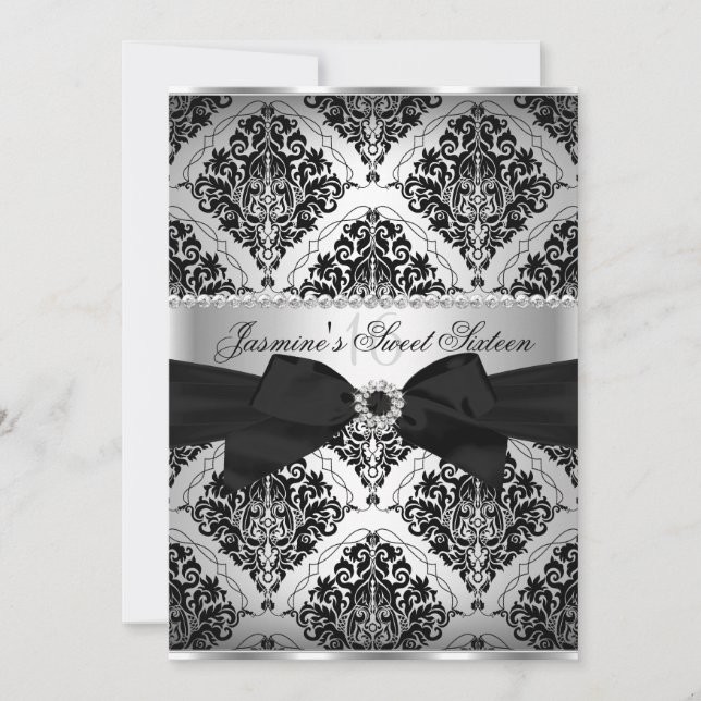 Pretty Silver & Black Damask Sweet 16 Invitation (Front)